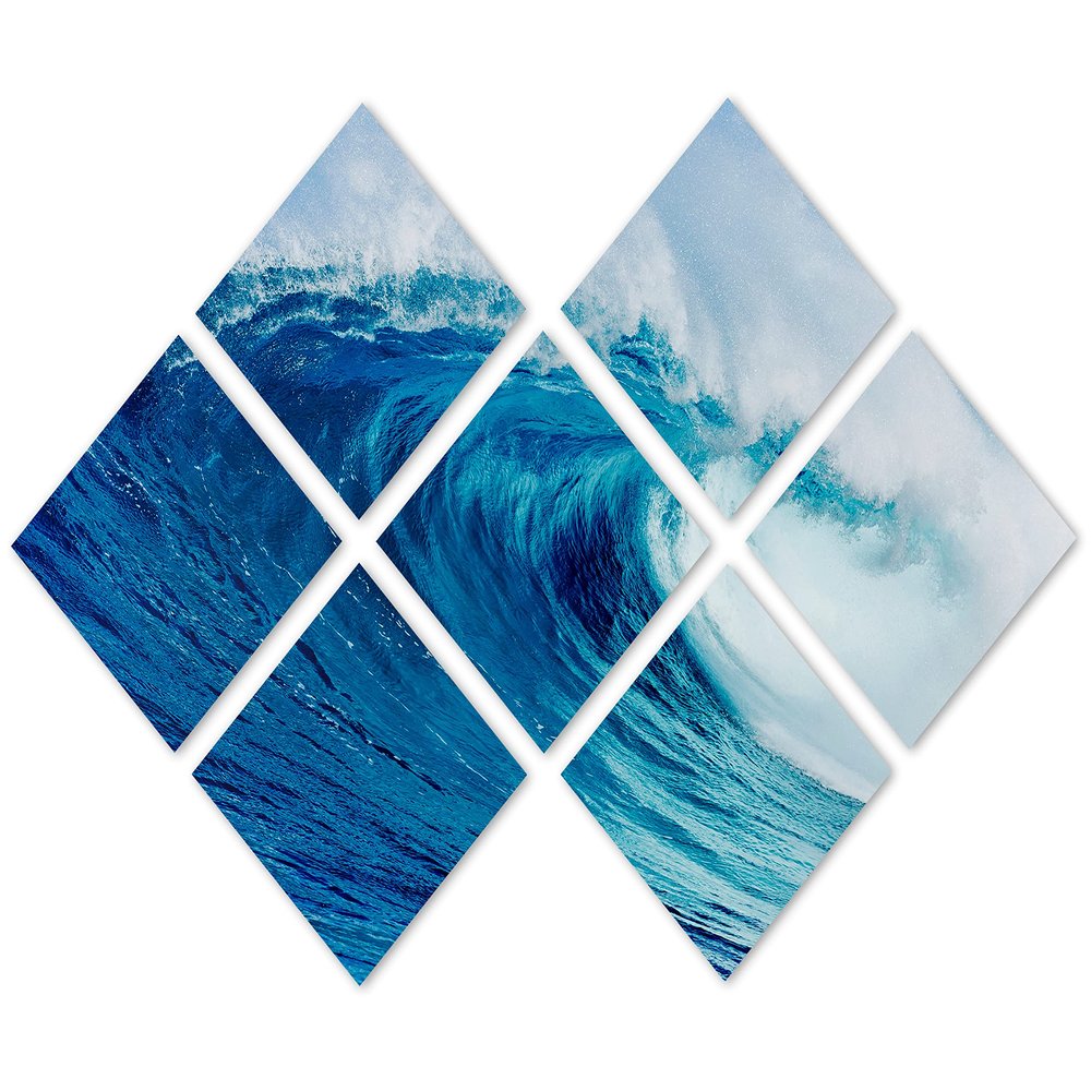 102 x 68 TOTAL - Blue Ocean Wave Canvas Print - 7 Panel Butterfly Split, Wall Art. Interior design, wall decor