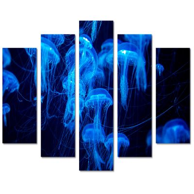80 x 42 TOTAL - Blue Jellyfish Wall Art Canvas Print 5 Panel Diamond Split. Swarm group Marine Life Jellyfish Art