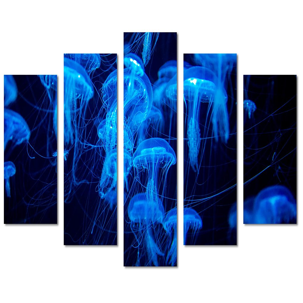 80 x 42 TOTAL - Blue Jellyfish Wall Art Canvas Print 5 Panel Diamond Split. Swarm group Marine Life Jellyfish Art