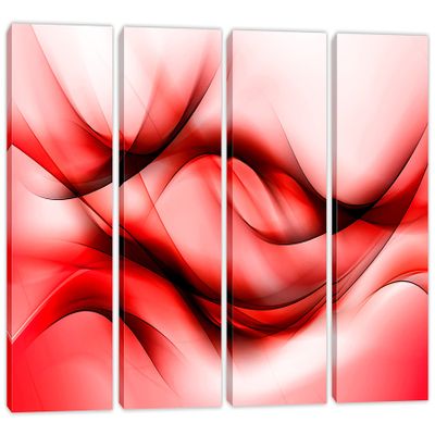 64 x 40 TOTAL - Red Abstract Wave Wall Art Canvas Print. 4 Panel Split Fractal art smooth lines Abstract Art