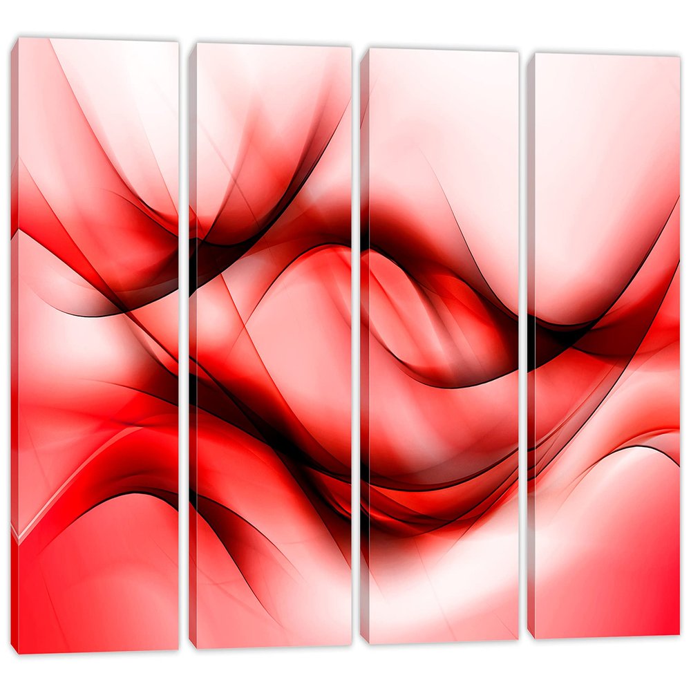 64 x 40 TOTAL - Red Abstract Wave Wall Art Canvas Print. 4 Panel Split Fractal art smooth lines Abstract Art