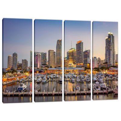 48 x 24 TOTAL - Miami, Florida skyline Canvas Print Wall Art. 4 Panel Split, Oceanfront Wall Art