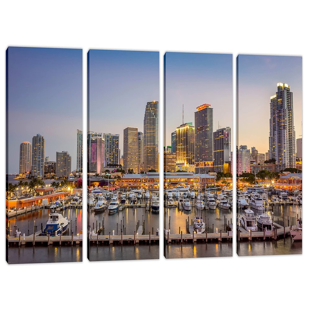 48 x 24 TOTAL - Miami, Florida skyline Canvas Print Wall Art. 4 Panel Split, Oceanfront Wall Art