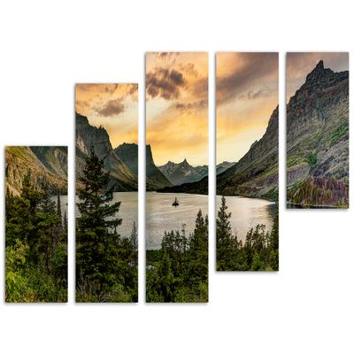 80 x 42 TOTAL - Montana Glacier National Park Canvas Print Wall Art beige skies 5 Panel Z Cut Split Landscape Print