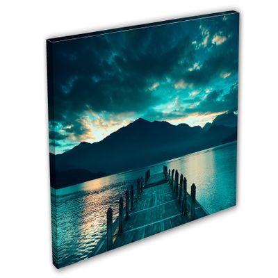 24 x 16 - Cloudy lake, docks Canvas Print Wall Art green Scenic Landscape Mountains