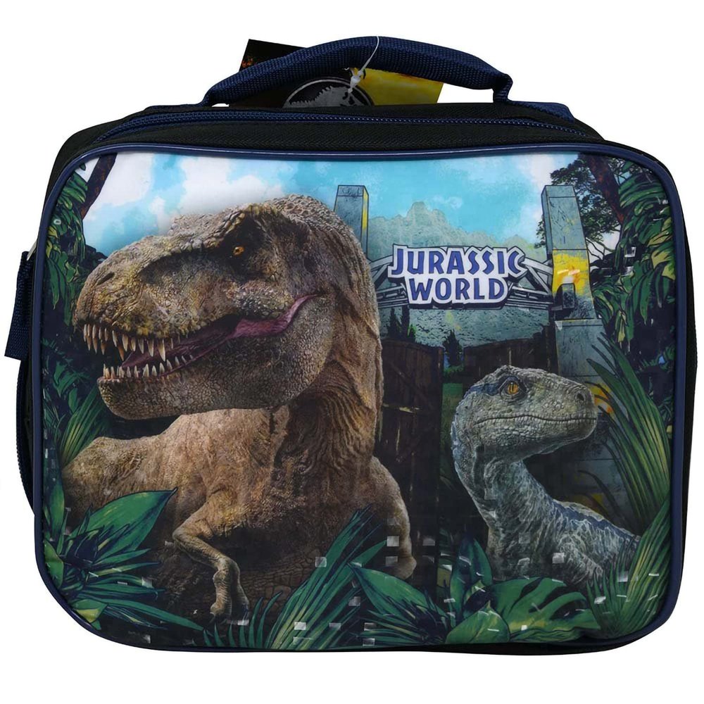 Jurassic World Velociraptor Blue and T-Rex Kids School Lunch Bag Set for Boys - Bundle with Dinosaur School Lunch Box With Charts and Stickers - School Supplies