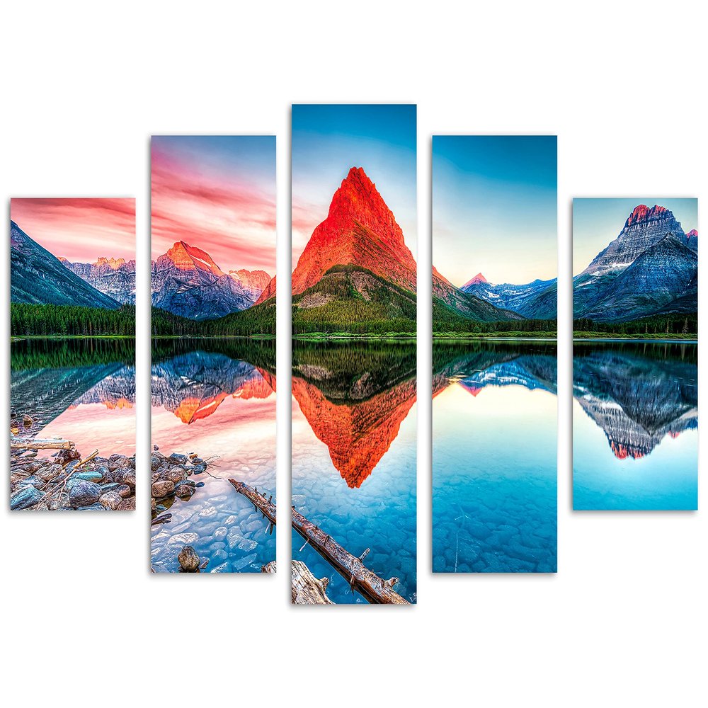 80 x 42 TOTAL - Mt Wilbur Canvas Print Wall Art 5 Panel Diamond Split Swiftcurrent Lake at Glacier National Park
