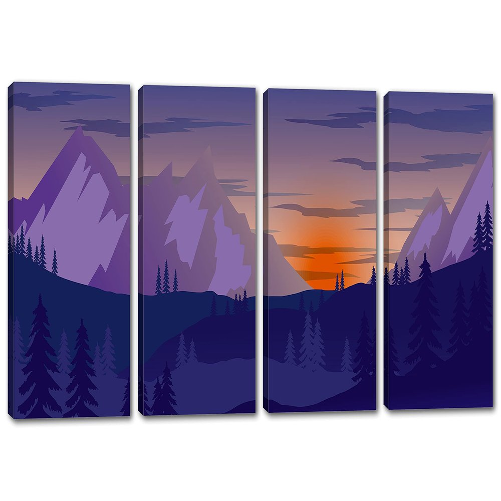 100 x 50 TOTAL - Landscape Illustration Canvas Print Wall Art dark purple 4 Panel Split Mountain SVG Print