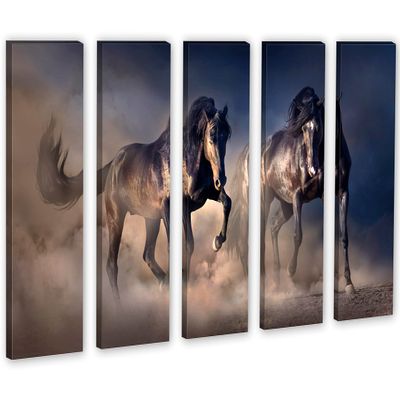 40 x 26 TOTAL - Black Stallion Horses Wall Art Canvas Print 5 Panel split, Horse Art home wall decor