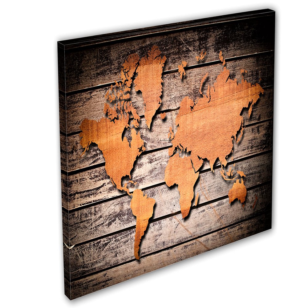18 x 12 - Wood Style World Map. Canvas Print Wall Art