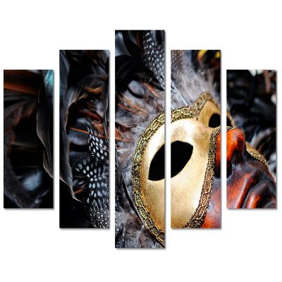 80 x 42 TOTAL - Carnival Mask, Feathers Canvas Print. 5 Panel Diamond Split Wall Art