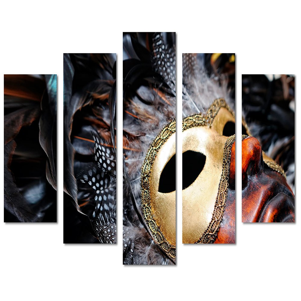 80 x 42 TOTAL - Carnival Mask, Feathers Canvas Print. 5 Panel Diamond Split Wall Art