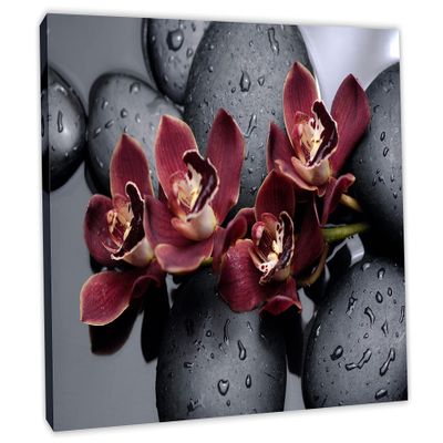 24 x 16 - Canvas Print Orchid Flower Wall Art on Black therapy stones Spa wall decor. Zen Art