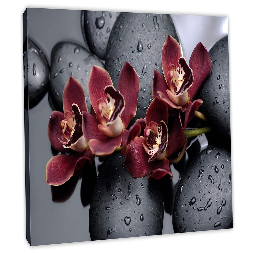 24 x 16 - Canvas Print Orchid Flower Wall Art on Black therapy stones Spa wall decor. Zen Art
