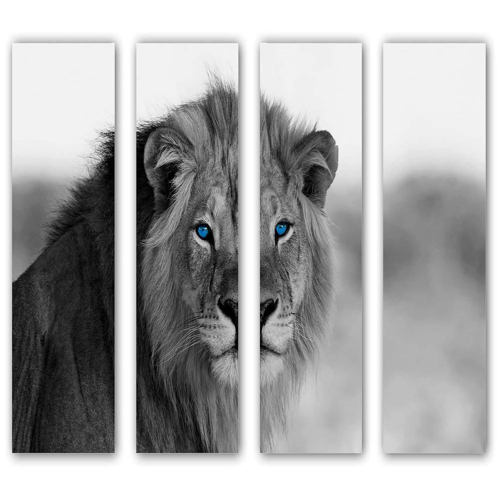 64 x 40 TOTAL - African Lion Black & White, Blue eyes Canvas Print 4 Panel Split Wall Art. wall decor