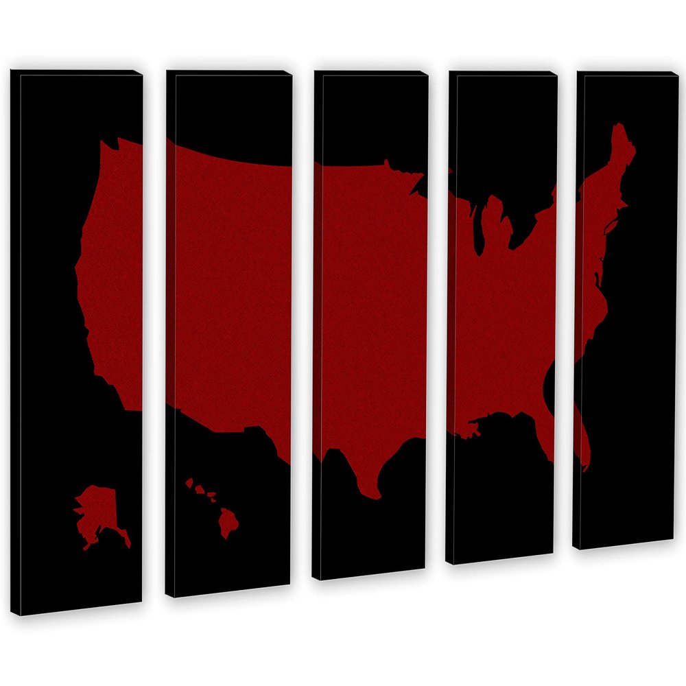 90 x 60 TOTAL - Textured, Red USA Map Canvas Print - 5 Panel Split Wall Art for Interior design wall decor