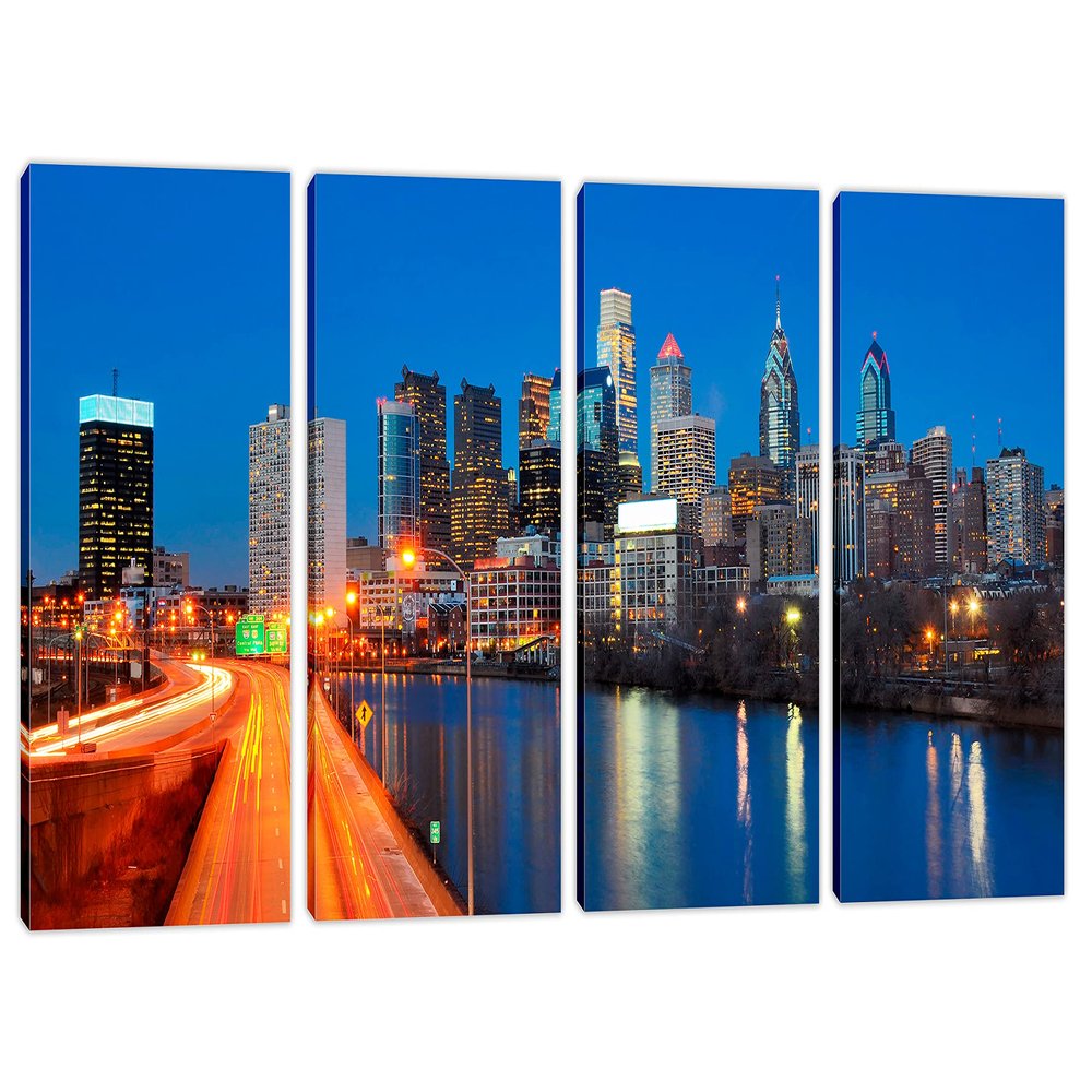 48 x 24 TOTAL - Philadelphia Center City Skyline Canvas Print - 4 Panel Split, Wall Art
