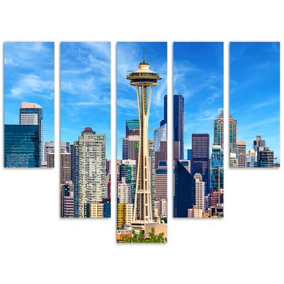 80 x 42 TOTAL - Seattle Skyline Canvas Print Wall Art blue skies 5 Panel Waterfall Split Seattle City, Washington