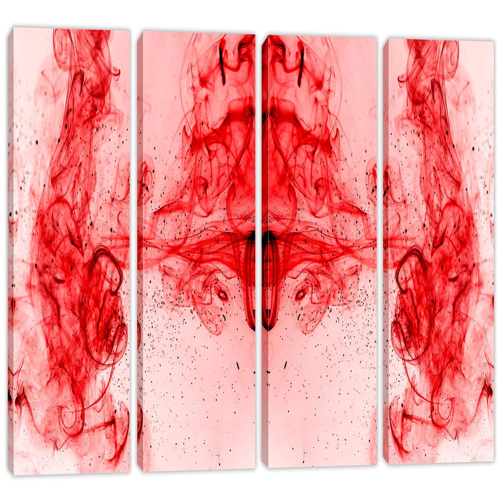 64 x 40 TOTAL - Red Smoke & Dots Abstract Wall Art Canvas Print - 4 Panel Split. Abstract Smoke Art Print