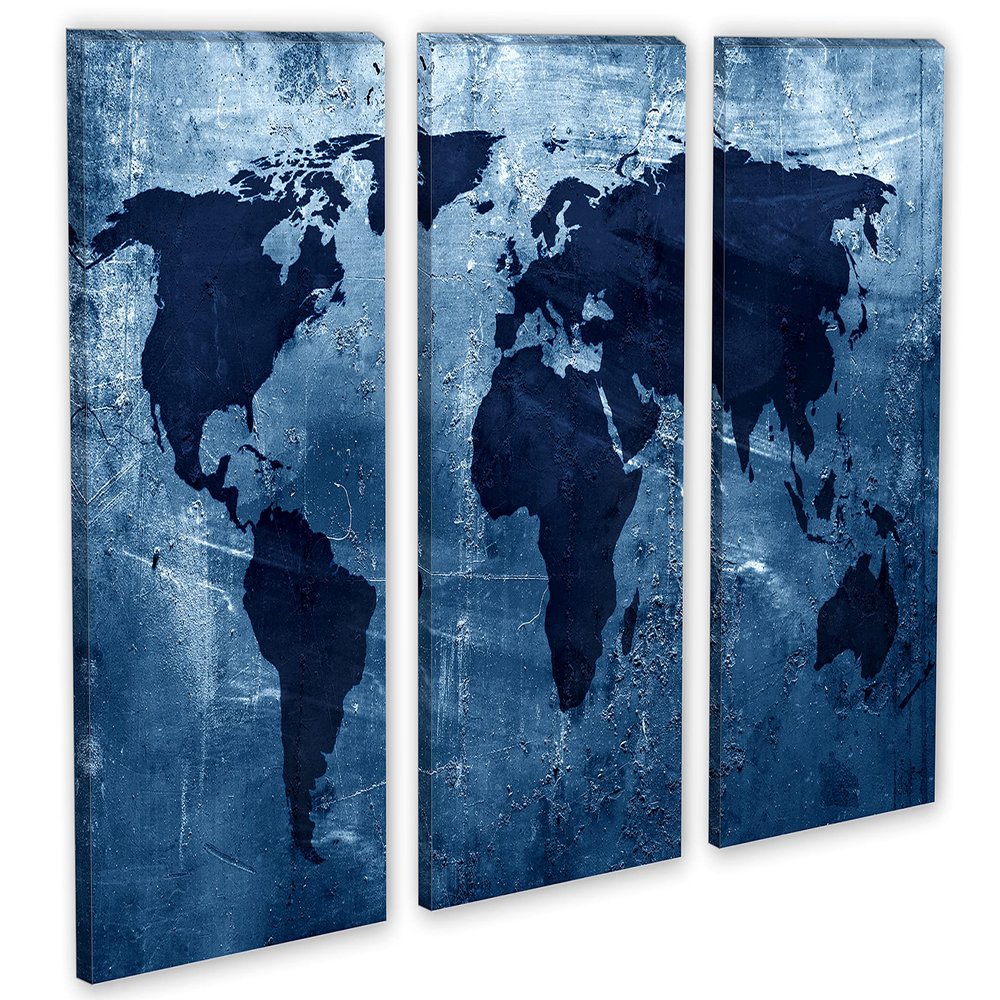 60 x 40 TOTAL - Blue World Map Canvas Print Wall Art. 3 Panel Split, Triptych Abstract decor art for room decoration