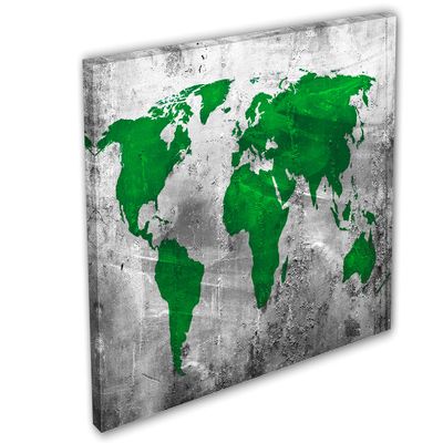24 x 16 - Abstract Silver Green World Map Canvas Print. Metallic Silver background