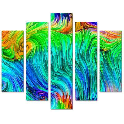 80 x 42 TOTAL - Abstract Color Lines Wall Art Fractal Canvas Print 5 Panel Diamond Split. Green Abstract Fractal Art