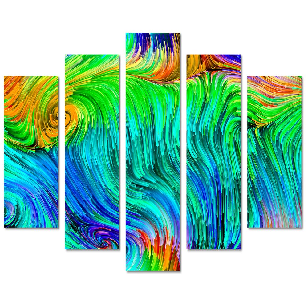 80 x 42 TOTAL - Abstract Color Lines Wall Art Fractal Canvas Print 5 Panel Diamond Split. Green Abstract Fractal Art