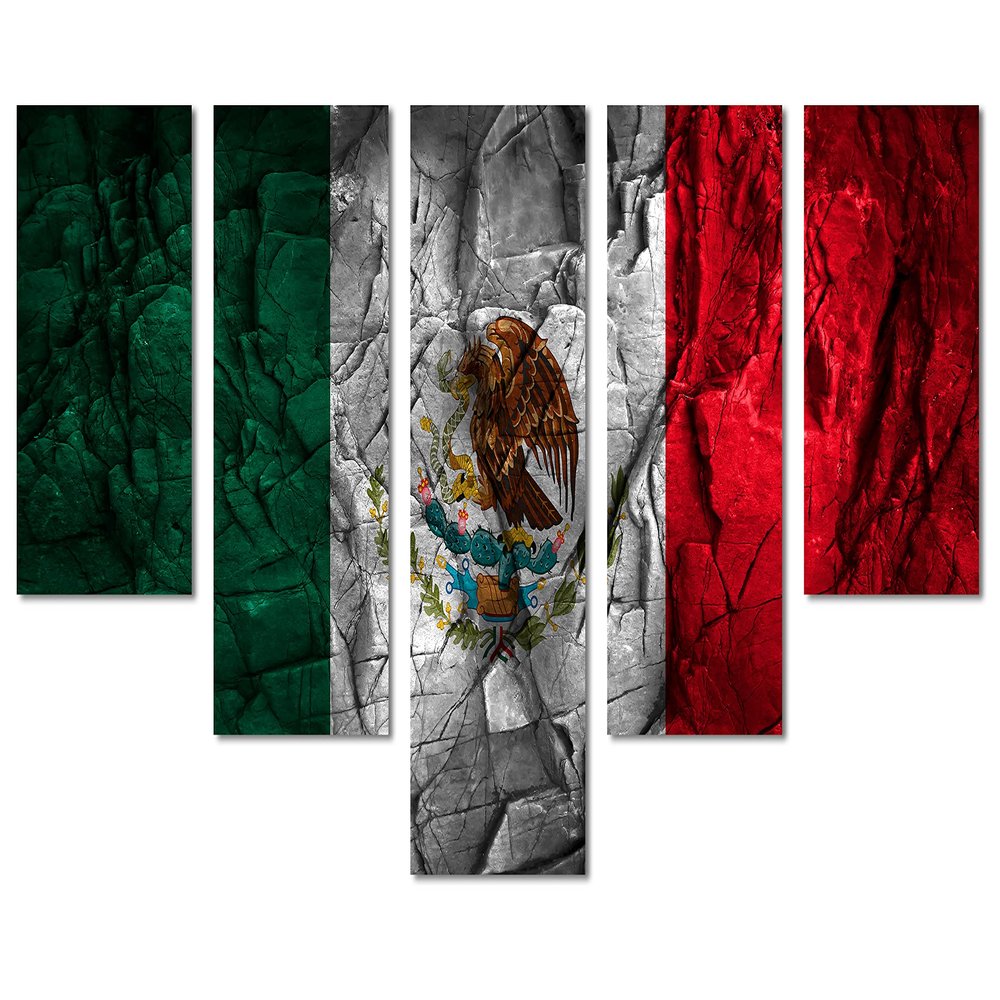 80 x 42 TOTAL - Mexico Flag Wall Art Canvas Print stone effect 5 Panel Waterfall Split. Country Flag art home decor