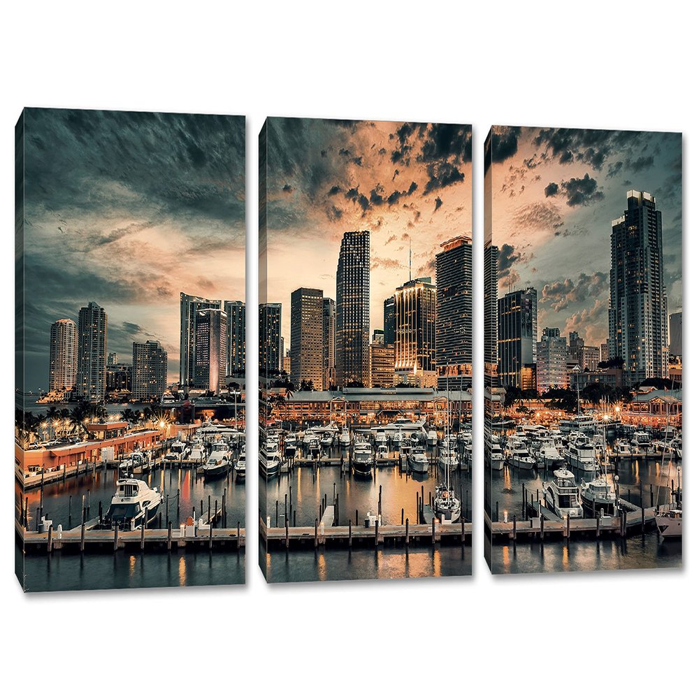 48 x 24 TOTAL - Miami skyline Canvas Print Wall Art Dramatic dusk skies 3 Panel Split. Panoramic city print wall art