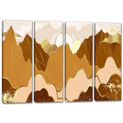 100 x 50 TOTAL - Mountains Wall Art Illustration Canvas Print orange gold 4 Panel Split Oriental Decor