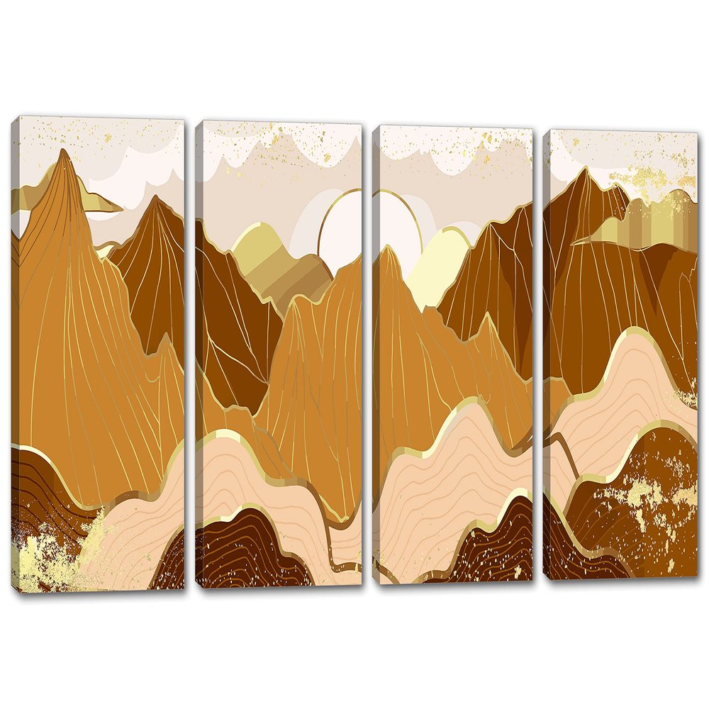 100 x 50 TOTAL - Mountains Wall Art Illustration Canvas Print orange gold 4 Panel Split Oriental Decor