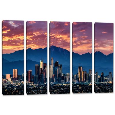 60 x 30 TOTAL - Los Angeles evening Skyline Wall Art Canvas Print 5 Panel Split Downtown LA, purple skies