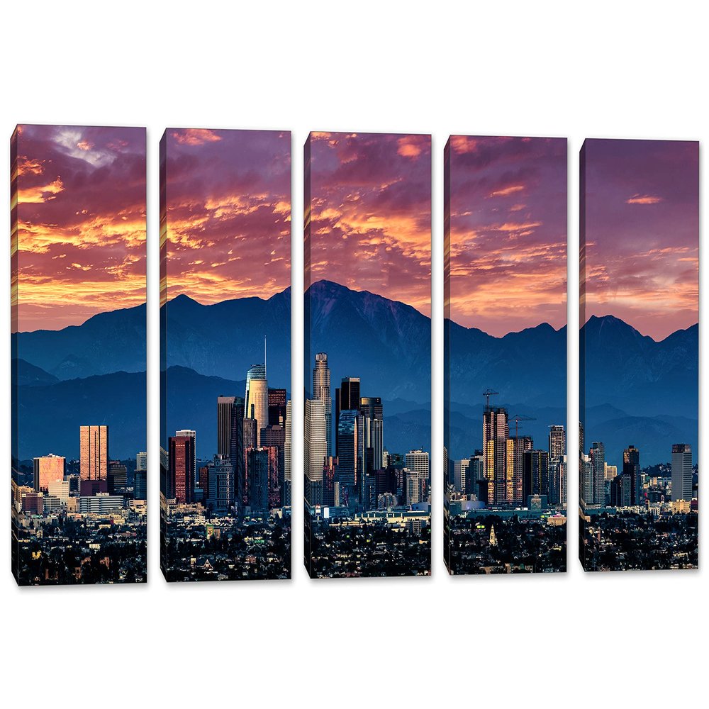 60 x 30 TOTAL - Los Angeles evening Skyline Wall Art Canvas Print 5 Panel Split Downtown LA, purple skies