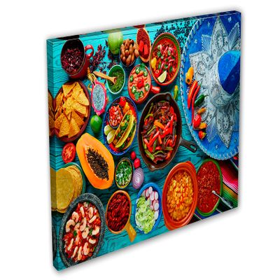 24 x 16 - Mexican Food & blue hat Wall Art Canvas Print. Colorful foods kietchen decor