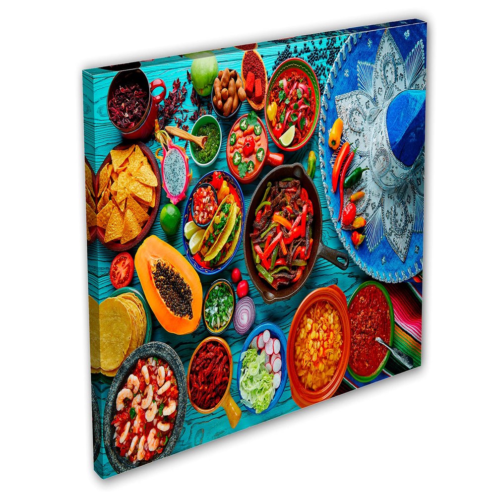 24 x 16 - Mexican Food & blue hat Wall Art Canvas Print. Colorful foods kietchen decor
