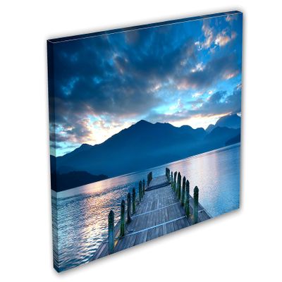 24 x 16 - Cloudy lake, docks Canvas Print Wall Art in blue Scenic Landscape Mountains