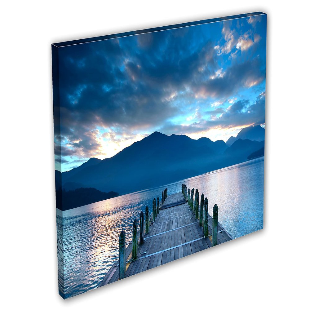 24 x 16 - Cloudy lake, docks Canvas Print Wall Art in blue Scenic Landscape Mountains