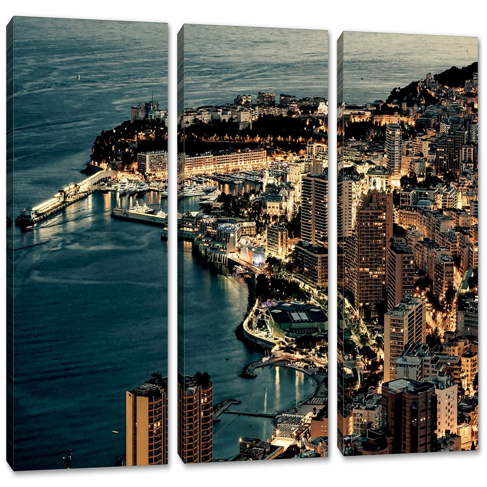 90 x 60 TOTAL - Monte Carlo, Monaco Canvas Print Wall Art at night 3 Panel Split Moaco on the Cote d'Azur