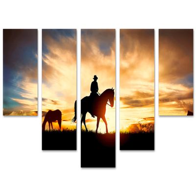 80 x 42 TOTAL - Cowboy, horse silhouette at sunset Canvas Print Wall Art 5 Panel Waterfall Split Cowboy Art