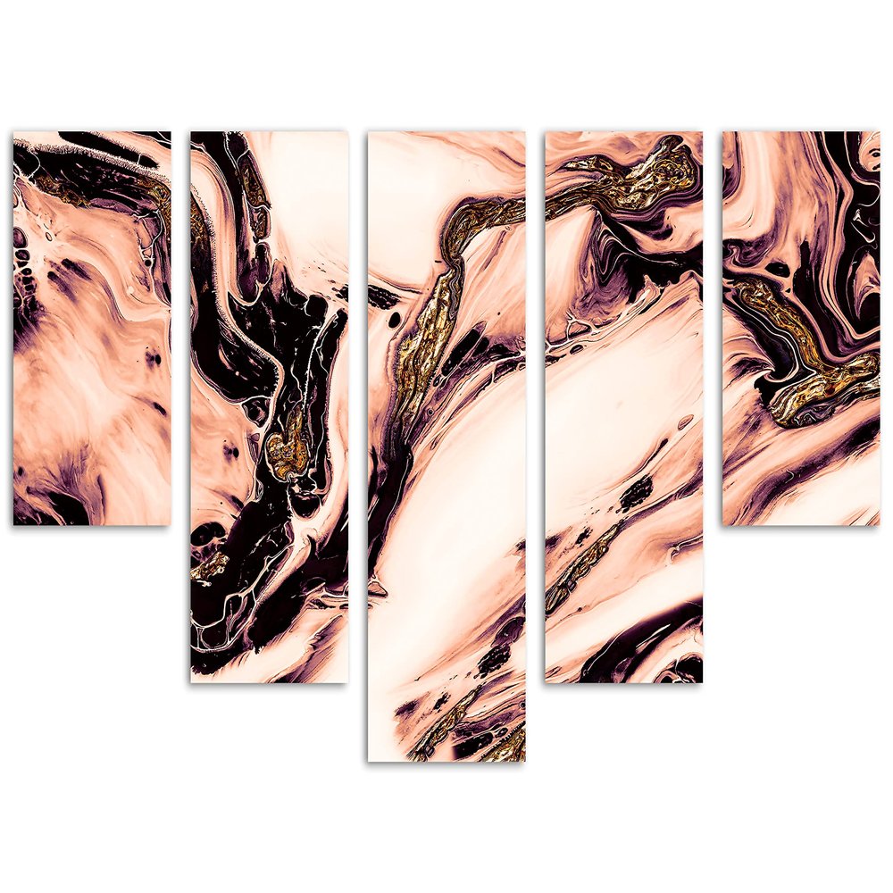 80 x 42 TOTAL - Acrylic Wall Art Canvas Print rose gold 5 Panel Waterfall Split Abstract marble style paint wall art
