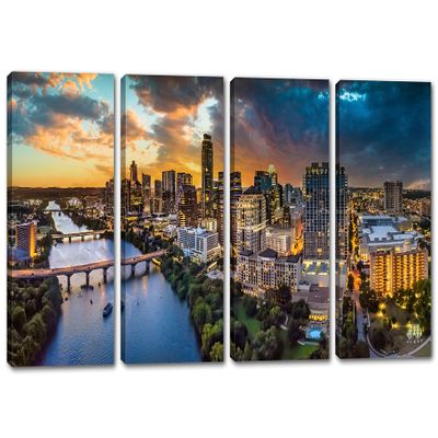 120 x 60 TOTAL - Austin Texas skyline Canvas Print Wall Art cloudy skies 4 Panel Split Austin TX at sunset scenic art