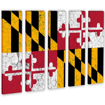 90 x 60 TOTAL - Maryland Flag Canvas Print Wall Art crack effect 5 Panel Split. State Flag Home decor