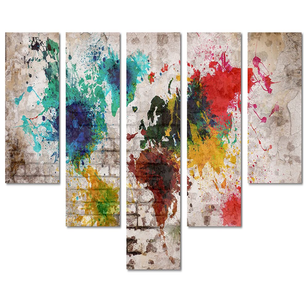80 x 42 TOTAL - Beige brick Wall Art World Map Canvas Print - 5 Panel Waterfall Split Wall decor interior design