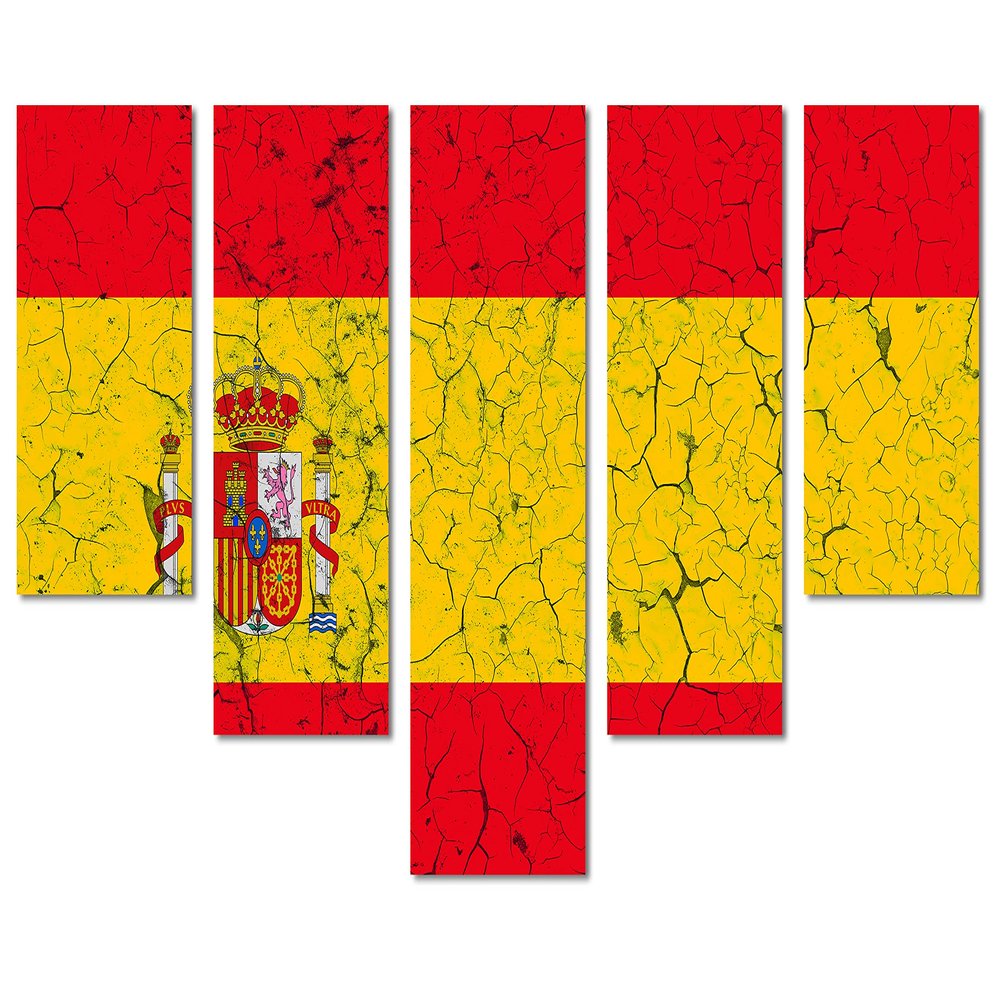 80 x 42 TOTAL - Spain Flag Canvas Print Wall Art Crack Effect 5 Panel Waterfall Split, Country Flag Art Home Decor