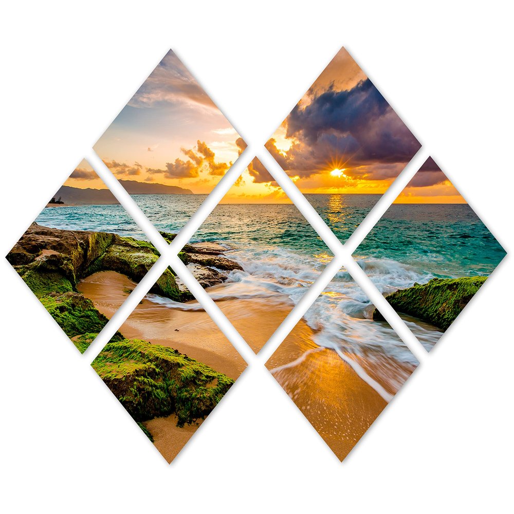 85 x 57 TOTAL - Hawaii beach with Golden Sunset Canvas Print. 7 Panel Butterfly Split, Wall Art for room wall decor