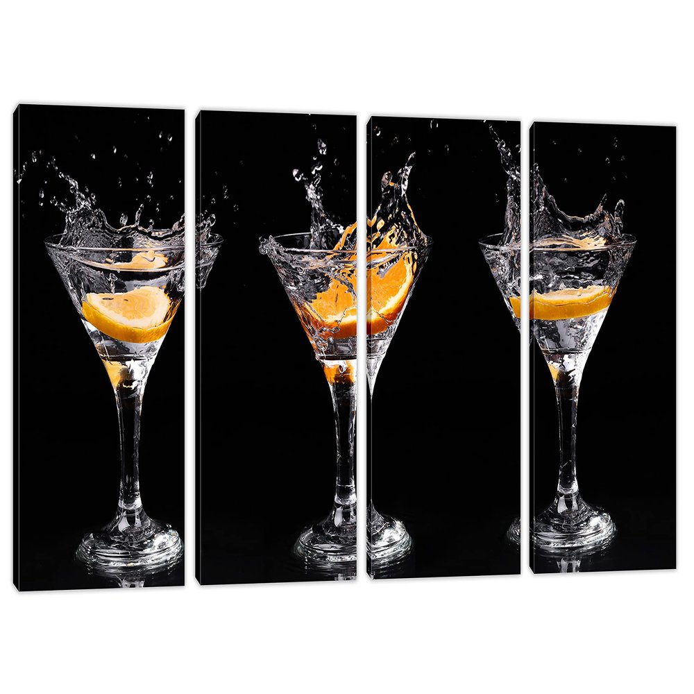 72 x 36 TOTAL - Martini Drinks & Orange Canvas Print Wall Art. 4 Panel Split