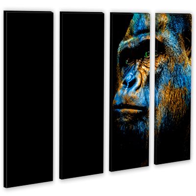 64 x 40 TOTAL - Watercolor Gorilla Canvas Print Wall Art blue, orange 4 Panel Split - Animal wall decor