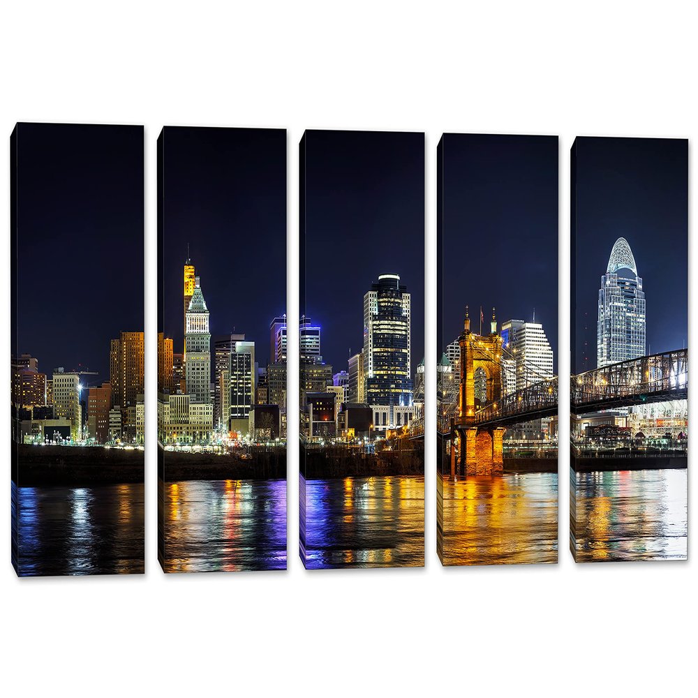 120 x 60 TOTAL - Cincinnati Ohio Skyline at night Canvas Print. 5 Panel Split Wall Art. For interior design