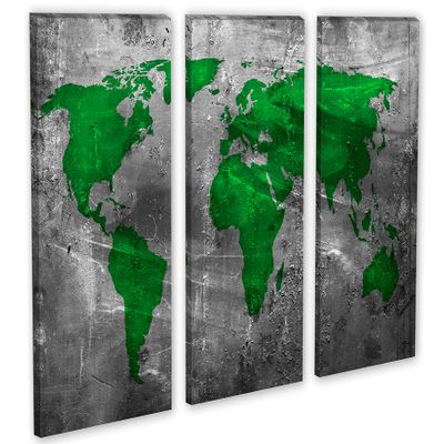 75 x 50 TOTAL - Abstract Green World Map Canvas Print 3 Panel Split Triptych Wall Art with gray background wall deco