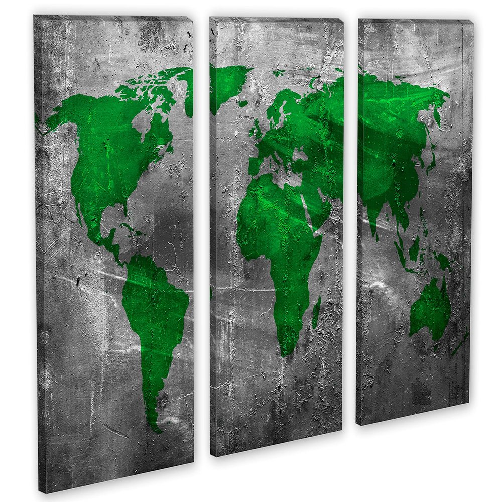 75 x 50 TOTAL - Abstract Green World Map Canvas Print 3 Panel Split Triptych Wall Art with gray background wall deco